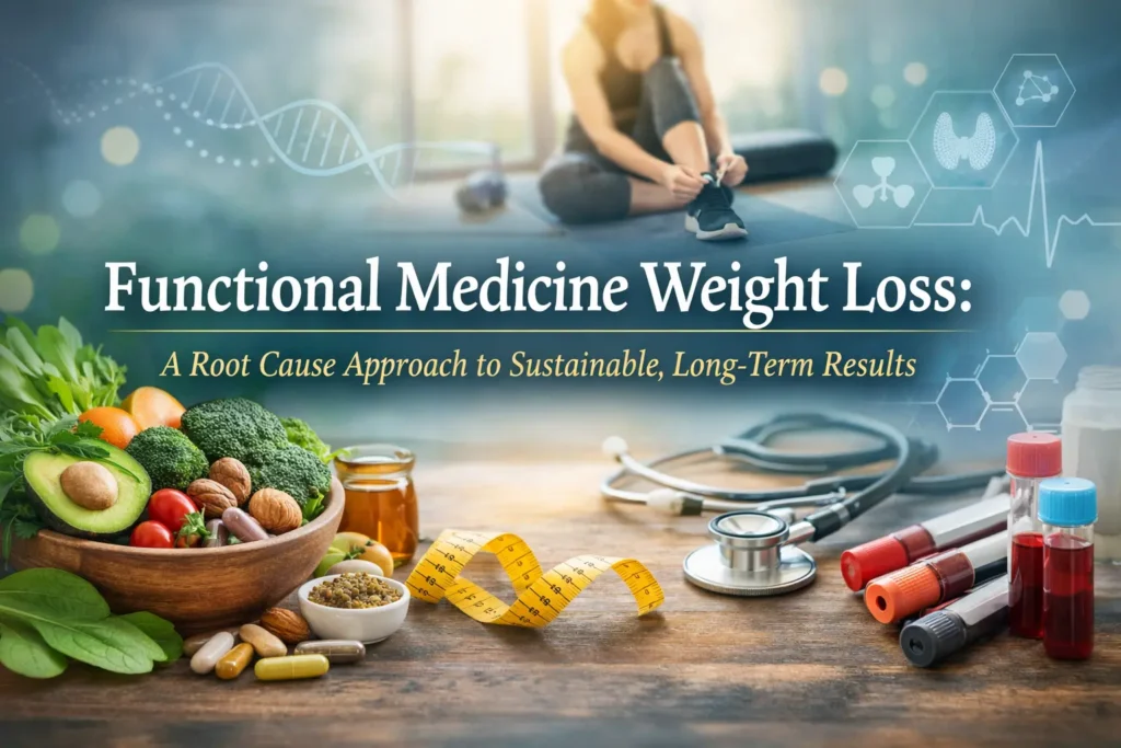 Functional medicine weight loss concept featuring healthy foods, supplements, lab testing tools, measuring tape, and medical symbols representing a root cause approach to sustainable long-term results.