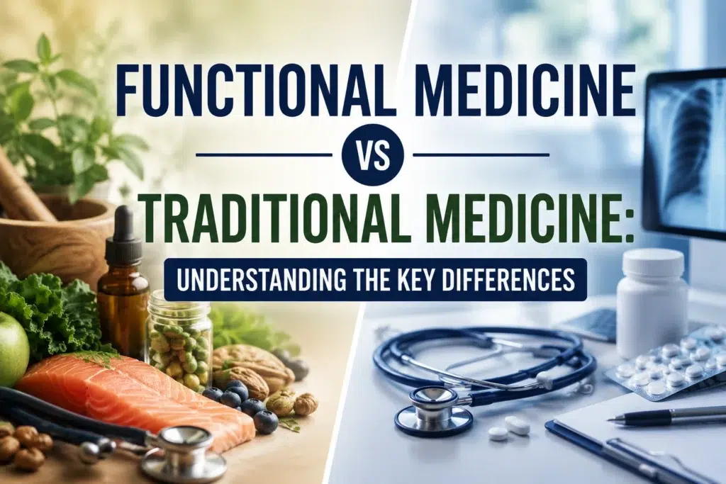 Split-screen featured image comparing functional medicine and traditional medicine. The left side shows healthy foods, herbs, and wellness-focused imagery representing functional medicine, while the right side shows a stethoscope, pills, and medical equipment representing traditional medicine. Overlaid text reads “Functional Medicine vs Traditional Medicine: Understanding the Key Differences.”