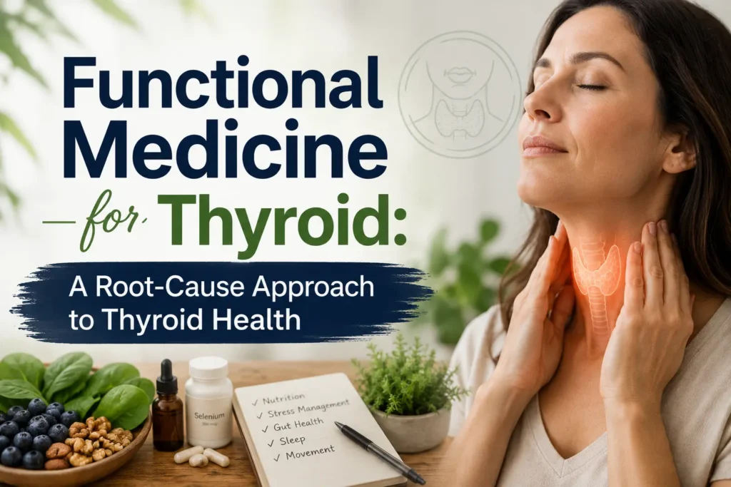 Horizontal featured image showing a healthcare professional consulting with a patient about thyroid health, with subtle thyroid and wellness imagery in the background and overlaid text reading “Functional Medicine for Thyroid: A Root-Cause Approach to Thyroid Health.”
