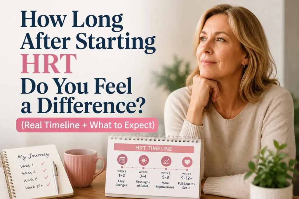 Horizontal featured image of a calm, confident middle-aged woman in soft natural light with a clean background, overlaid text reading “How Long After Starting HRT Do You Feel a Difference? (Real Timeline + What to Expect)”.