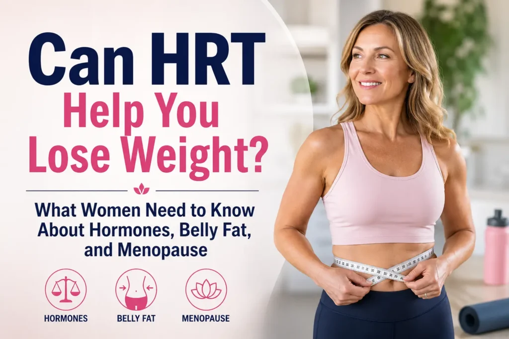Middle-aged woman measuring her waist while standing in workout clothes beside text reading “Can HRT Help You Lose Weight? What Women Need to Know About Hormones, Belly Fat, and Menopause.”