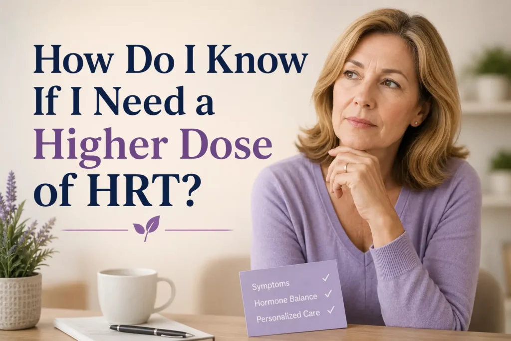 A middle-aged woman sits thoughtfully at a table while reviewing hormone therapy information, with overlaid text reading "How Do I Know If I Need a Higher Dose of HRT?" in a clean, professional healthcare setting.