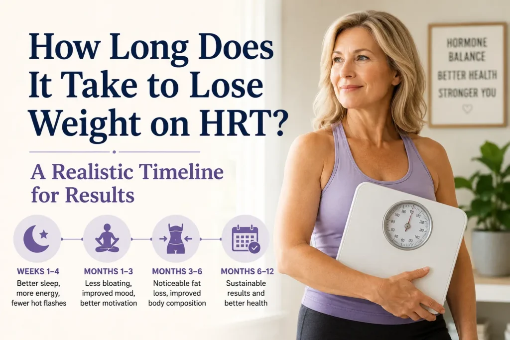 A woman in midlife stands confidently in a bright wellness setting, looking at a weight-loss progress chart while holding a measuring tape. A subtle timeline graphic illustrates milestones over several months, representing the gradual effects of hormone replacement therapy on weight management. The image includes the overlaid text: “How Long Does It Take to Lose Weight on HRT? A Realistic Timeline for Results.”