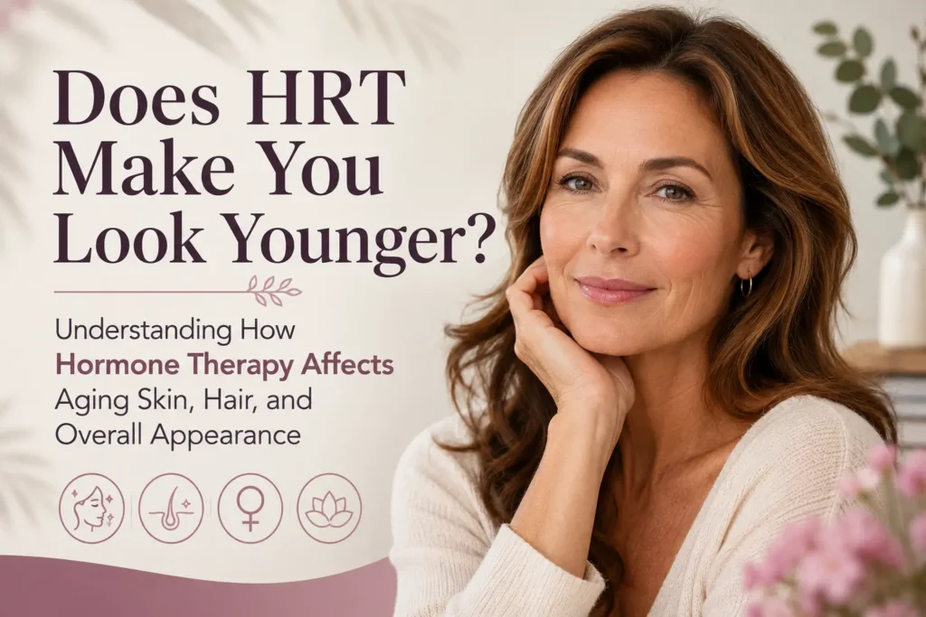 A smiling middle-aged woman with healthy-looking skin rests her chin on her hand in a bright, neutral-toned setting. Beside her, the featured article title reads, "Does HRT Make You Look Younger? Understanding How Hormone Therapy Affects Aging Skin, Hair, and Overall Appearance." Soft wellness-themed icons and botanical accents create a calm, feminine design focused on healthy aging and hormone health.