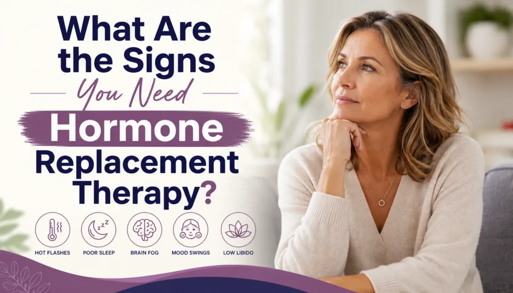 Middle-aged woman sitting thoughtfully at home beside text reading "What Are the Signs You Need Hormone Replacement Therapy?" with icons representing common symptoms including hot flashes, poor sleep, brain fog, mood swings, and low libido.