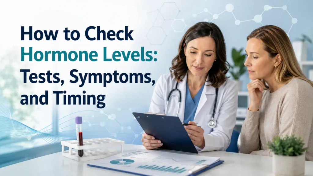 Doctor reviewing hormone lab results with a female patient, with a blood sample, test report charts, and the text “How to Check Hormone Levels: Tests, Symptoms, and Timing.”